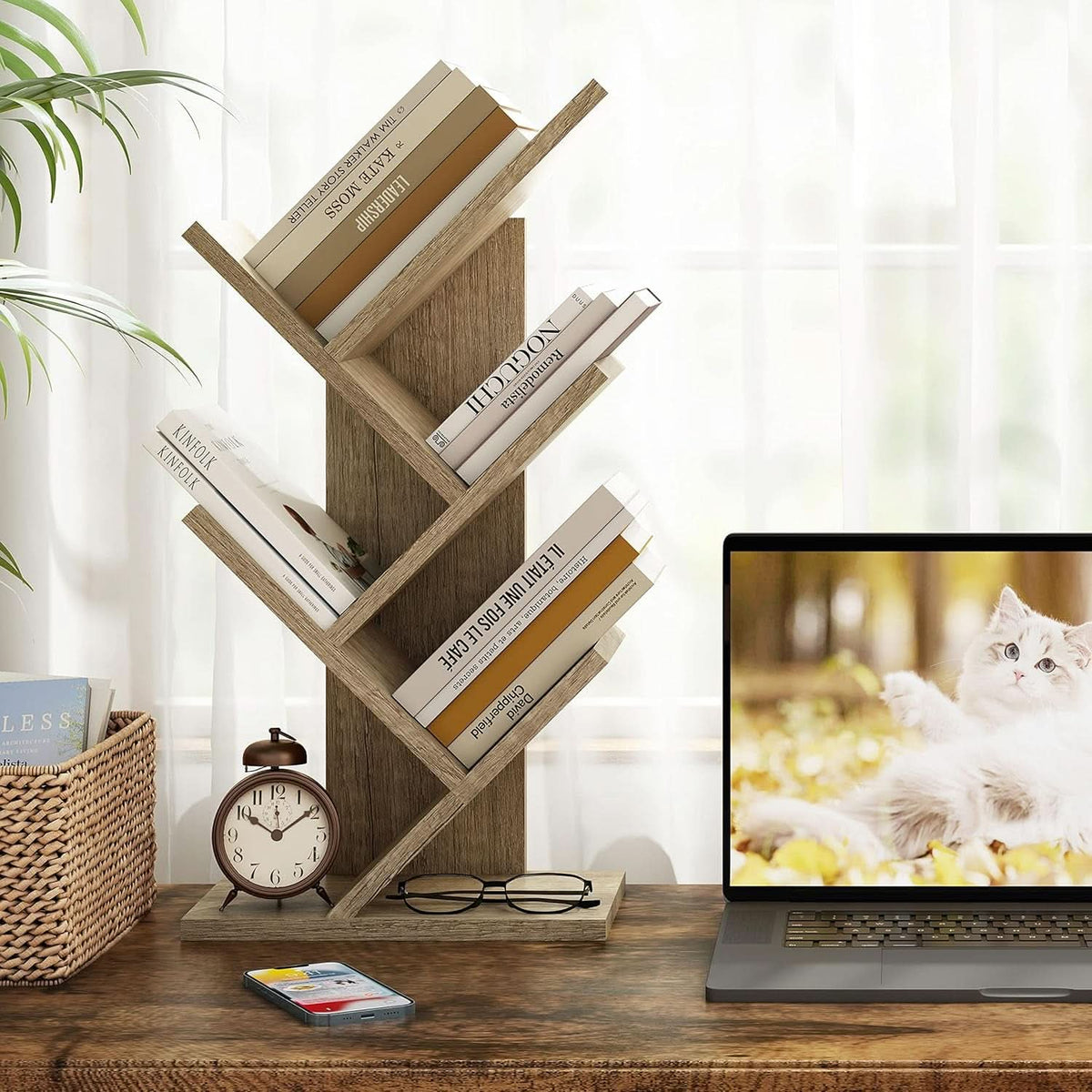 Greige 4 Tier Tree Bookshelf Modern Storage Bookcase