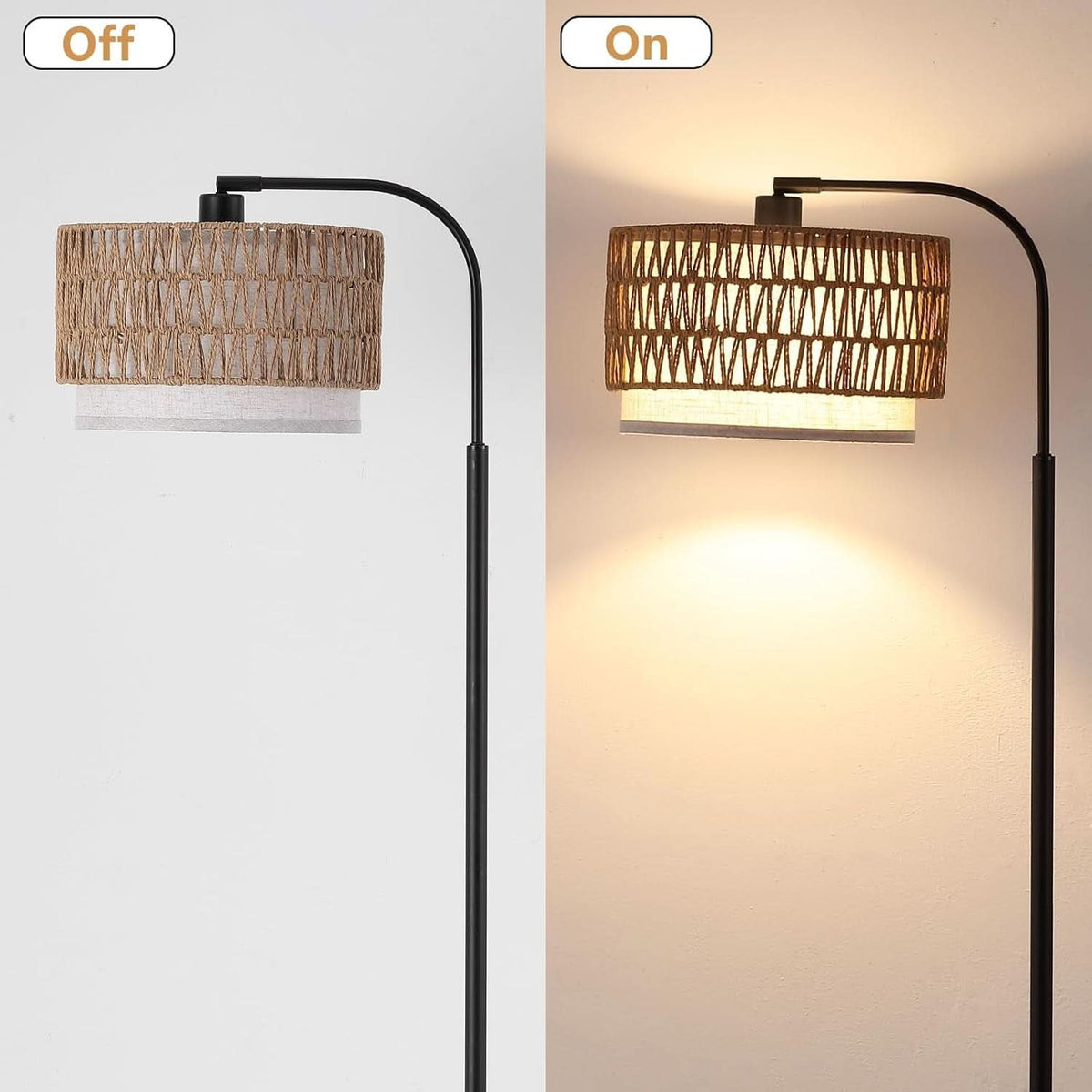 Arc Floor Lamp Boho Rattan Linen Fabric LED BulbsIncluded