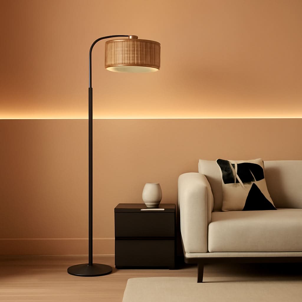 Arc Floor Lamp Boho Rattan Linen Fabric LED BulbsIncluded