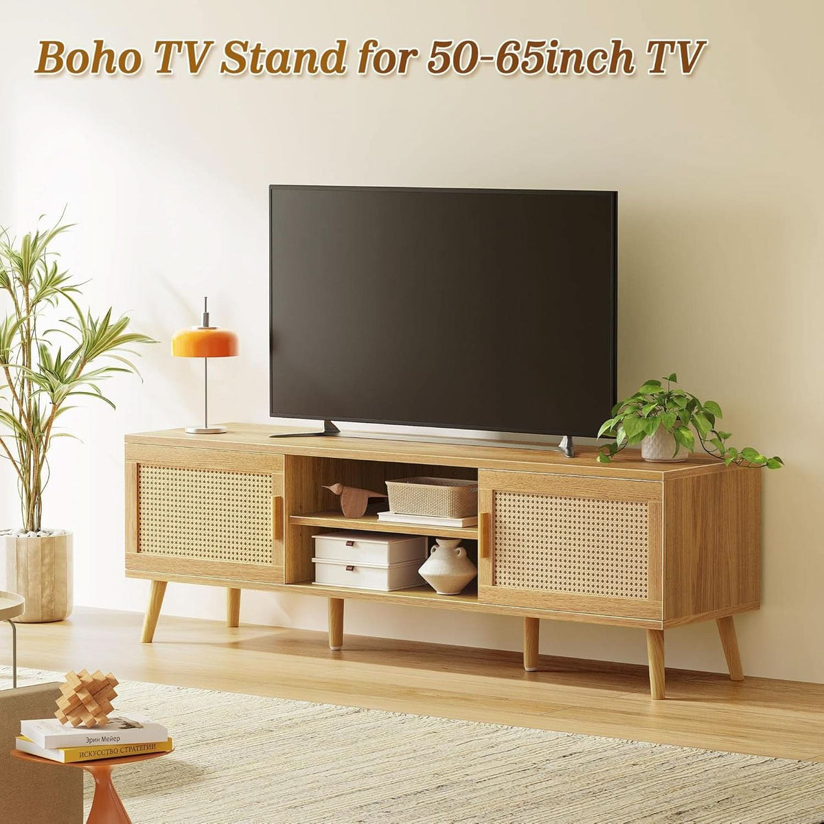 65 Inch Boho TV Stand With Rattan Entertainment Center