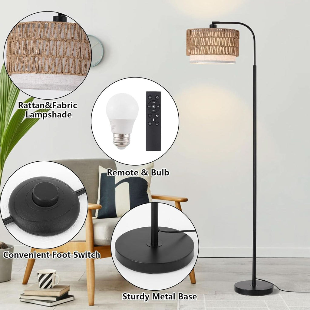 Arc Floor Lamp Boho Rattan Linen Fabric LED BulbsIncluded