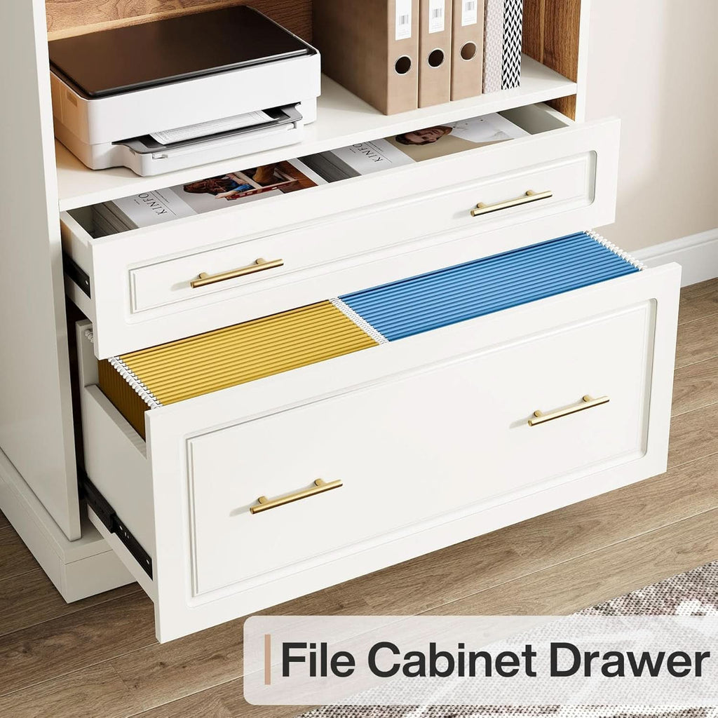 White Freestanding 72 Inch Bookcase With File Cabinet