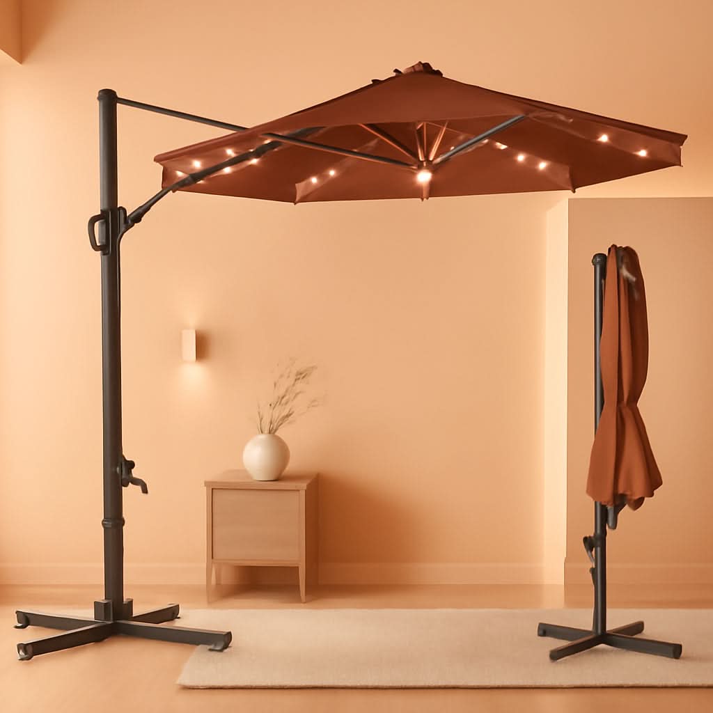10Ft Solar LED Cantilever Patio Umbrella With 360 Degree Rotation And Integrated Lights